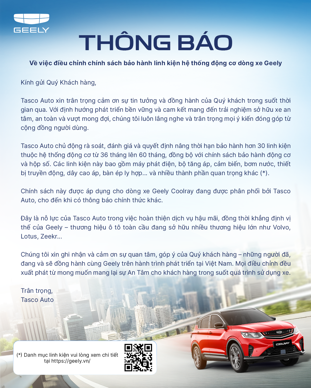 Chính sách bảo hành Geely Hòa Bình